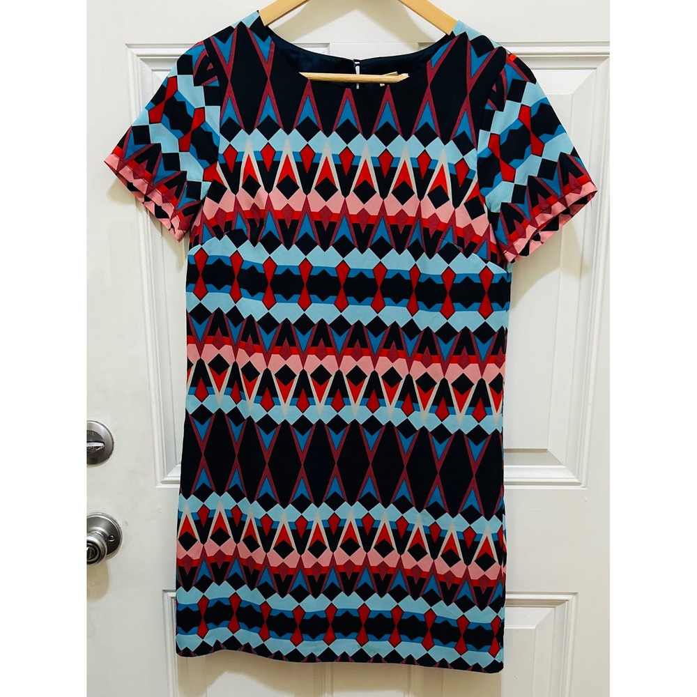 J.Crew Women Navy Blue Geometric Diamond Print Short Sleeve Shift Dress C5608 0